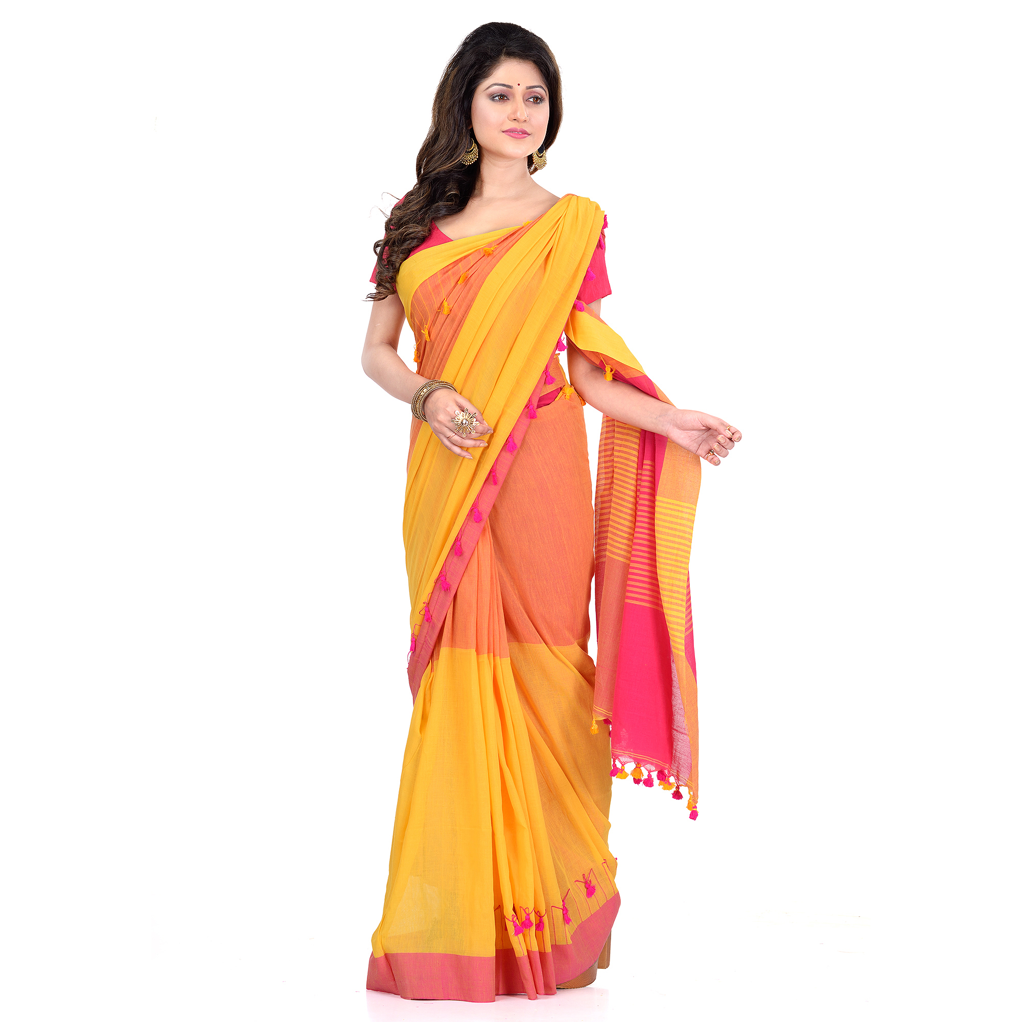  DESH BIDESH Women`s Traditional Bengali Handloom Tant Pure Cotton Saree Pompom Desigined With Blouse Piece (Yellow Pink)